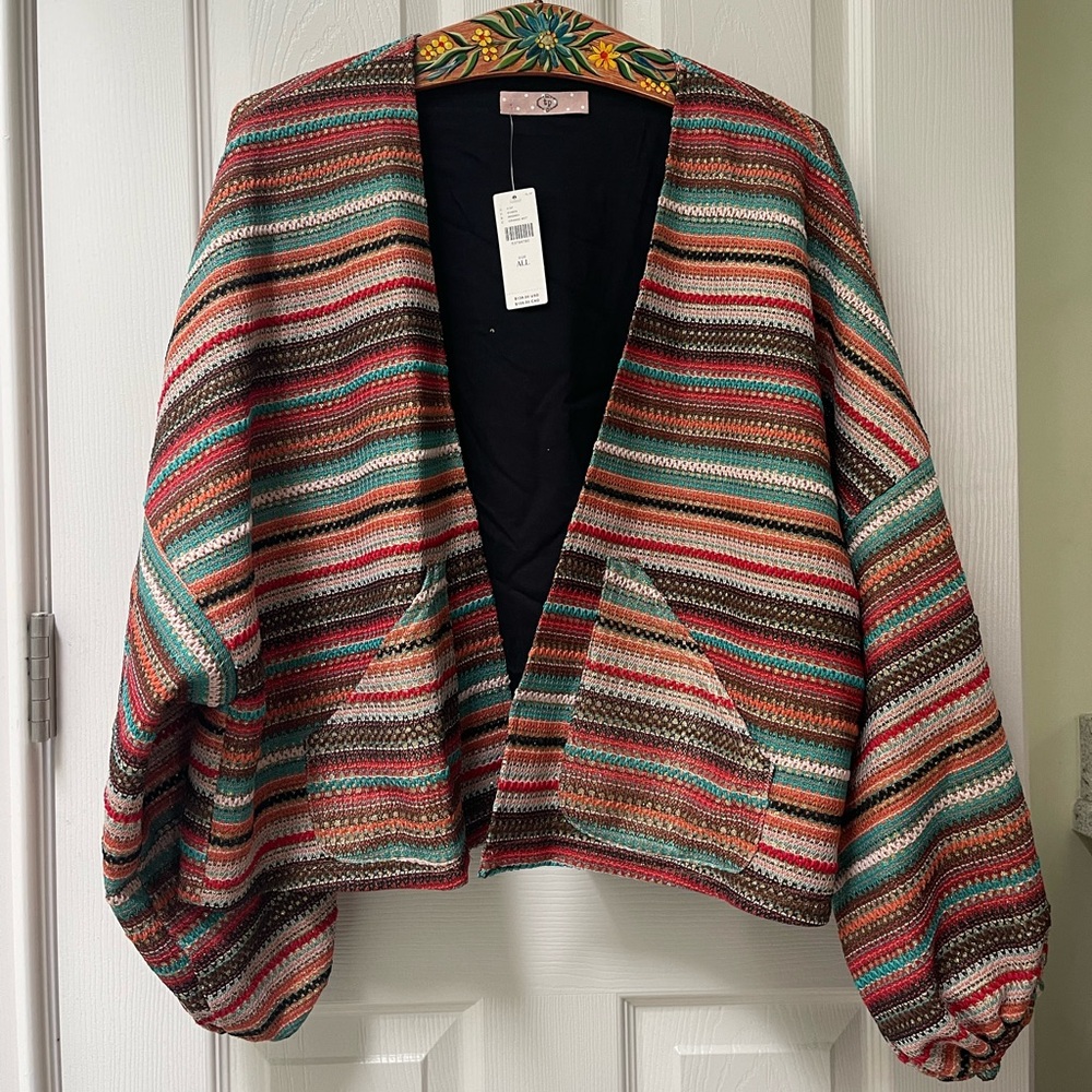RARE Anthropologie Sparkly Orange Motif Balloon Sleeve Woven Jacket